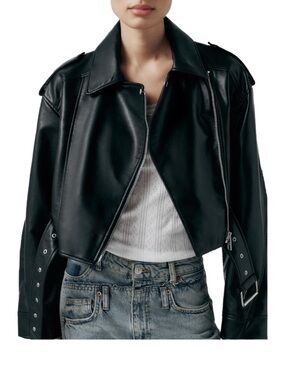 Zara Black Cropped Faux Leather Biker Moto Jacket Size Medium